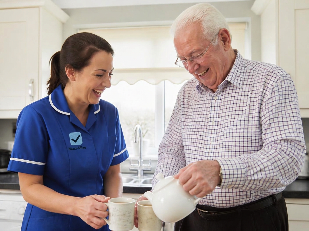 Care worker supporting a gentleman in his kitchen